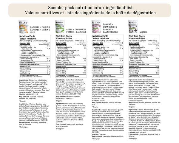 A printed informational sheet showing four HOLOS flavours nutrition fact panels side by side.