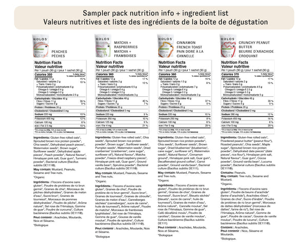 A printed informational sheet showing four HOLOS flavours nutrition fact panels side by side.