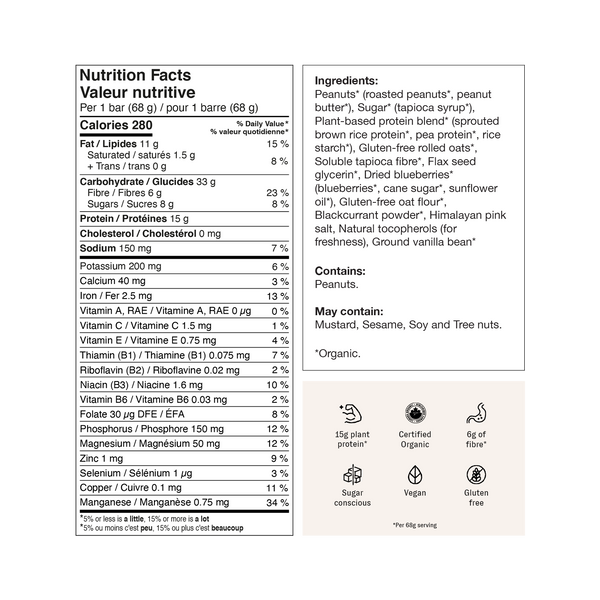 Peanuts* (roasted peanuts*, peanut butter*), Sugar* (tapioca syrup*), Plant-based protein blend* (sprouted brown rice protein*, pea protein*, rice starch*), Gluten-free rolled oats*, Soluble tapioca fibre*, Flax seed glycerin*, Dried blueberries* (blueberries*, cane sugar*, sunflower oil*), Gluten-free oat flour*, Blackcurrant powder*, Himalayan pink salt, Natural tocopherols (for freshness), Ground vanilla bean*

Contains: Peanuts. May contain: Mustard, Sesame, Soy and Tree nuts.

*Organic.